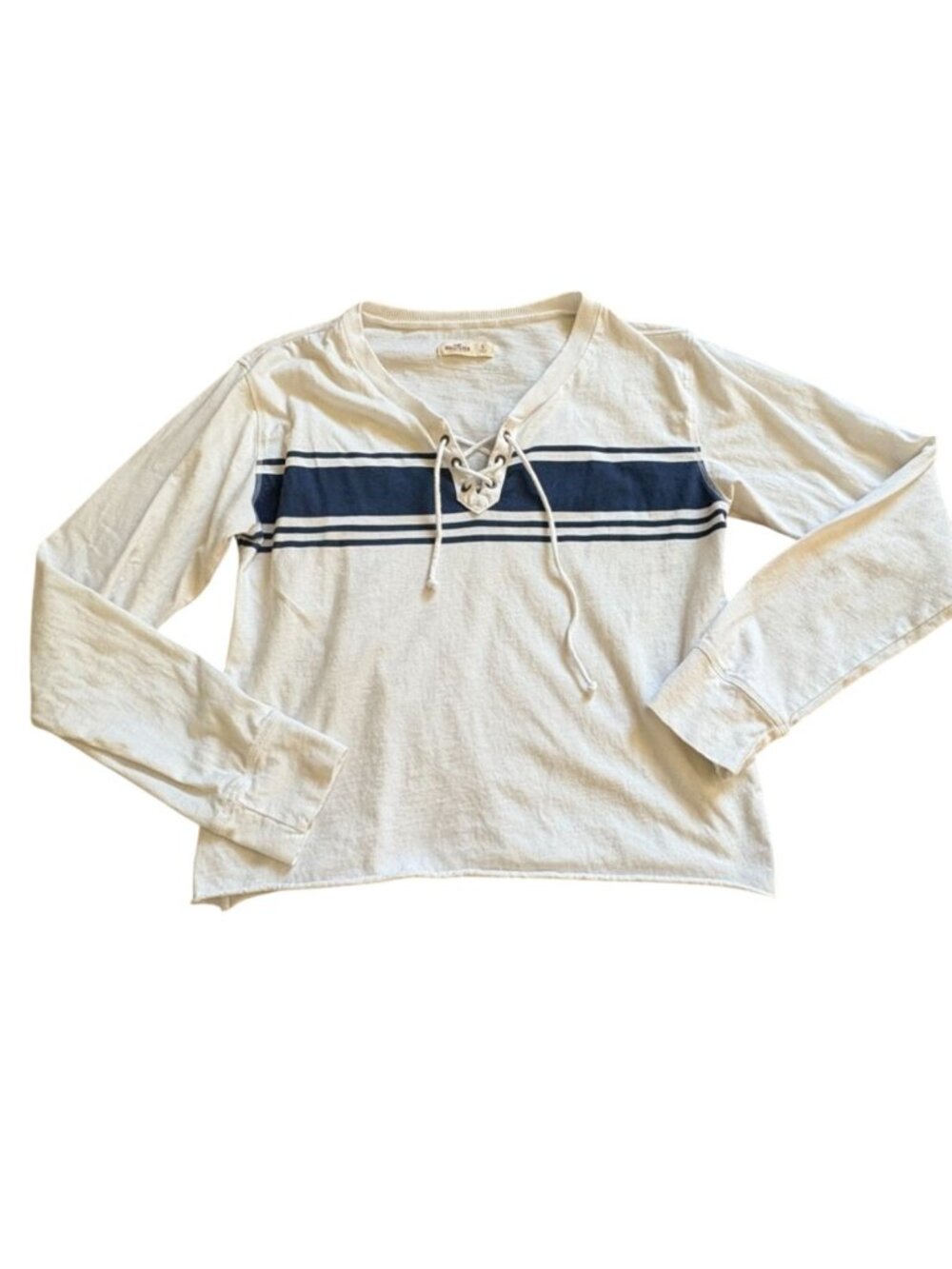 Hollister Long Sleeve CroppedT-Shirt W/ Lace Up Neckline-White-Size S-GUC